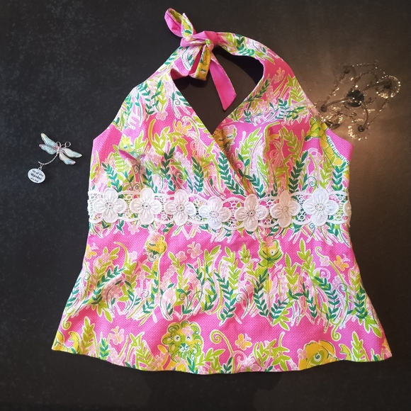 Lilly Pulitzer Super Cute Pink & Green Lace Halter neck Top 6 - Picture 2 of 6